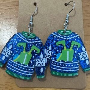 Blue and Green Elf Legs Ugly Sweater Christmas Earrings